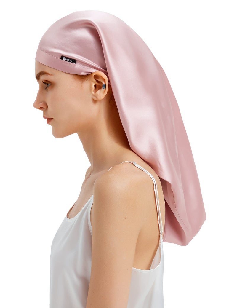 LilySilk Mulberry Silk Sleep Cap 100 19 Momme Long Silk Bonnet for Curly Hair Night Cap for Sleeping Silk Hair Wrap for Women Rosy Pink